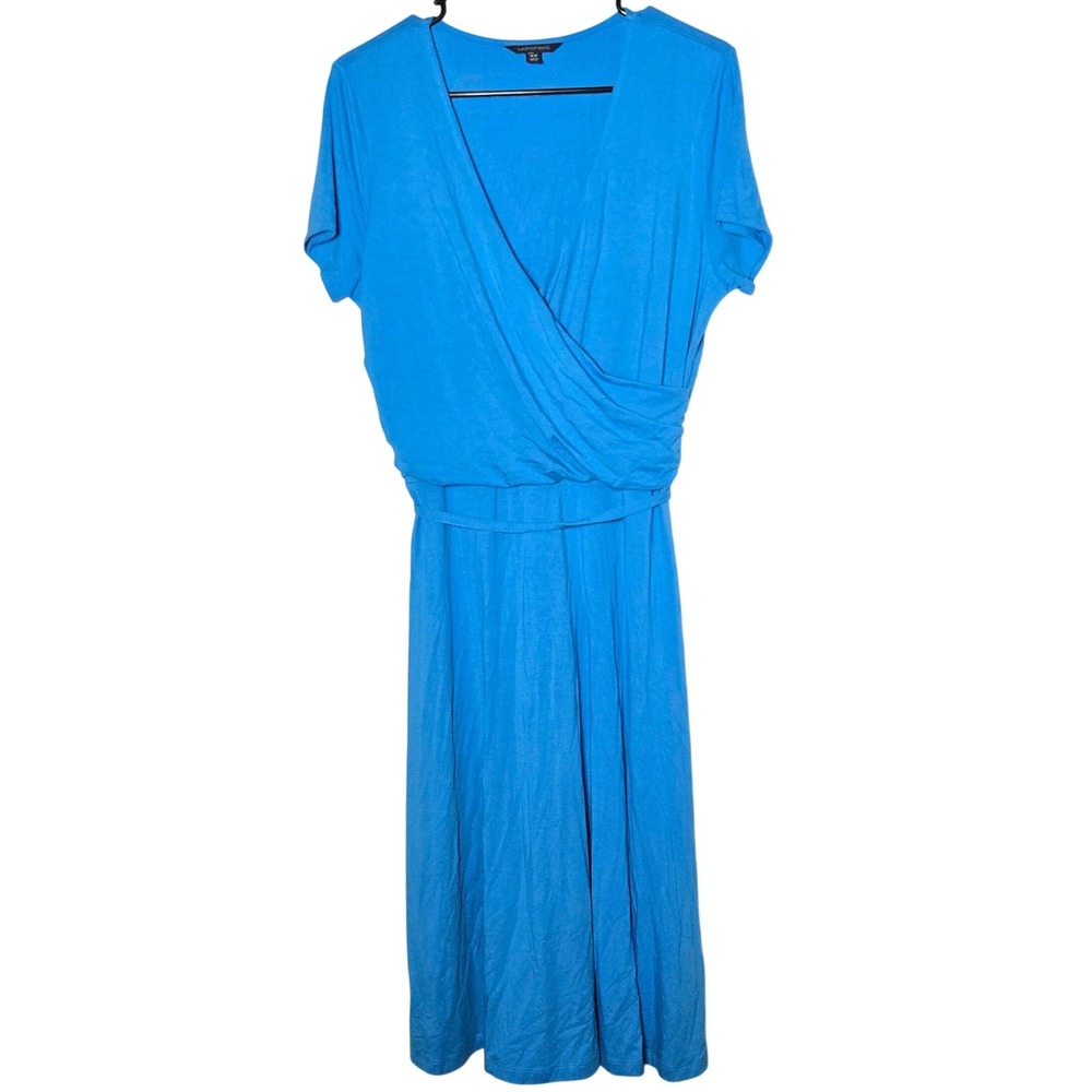 Lands End Blue Short Sleeve‎ Faux Wrap Midi Dress Medium Tall Stretch Coastal